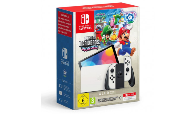 Nintendo Switch OLED + Super Mario Bros. Wonder + 12 kk Nintendo Online -pelikonsolipaketti, valkoin