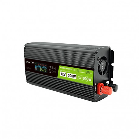 Green Cell PowerInverter LCD 12 V 500W/1000W autoinverter ekraaniga puhas siinus must