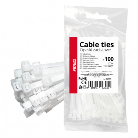 Valged kaablisidemed 2.5×100mm 100 tk amio-04305