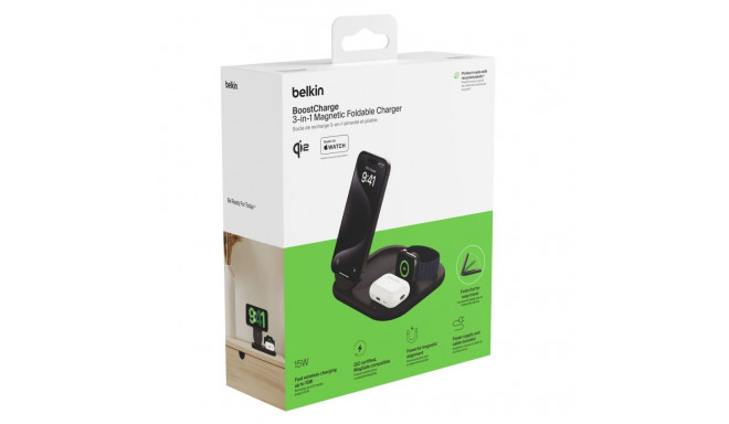 Belkin BoostCharge 3-in-1 Qi2 -langaton latausalusta MagSafella, musta