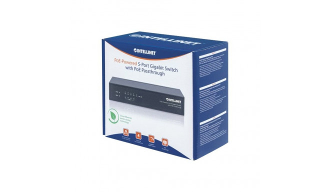 INTELLINET 5-Port PoE+ Gigabit Switch Desktop PoE Passthrough 4 x PSE PoE ports 1 x PD PoE port IEEE