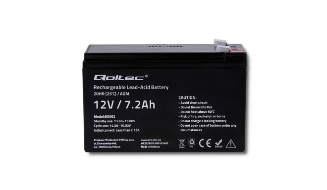 AGM Battery - Qoltec 53062 12V 7.2Ah Max 108A Black