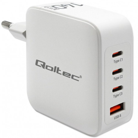 Qoltec 140W GaN seinalaadija 5-20V 2.5-5A 3 x USB-C PD 1 x USB QC 3.0 valge
