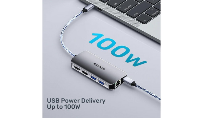 Active Hub - UNITEK USB-C 2X HDMI 4K, RJ45, PD 100W Grey