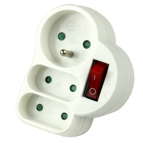 PremiumCord Splitter socket 2 × flat + 1x round with switch 230V, white