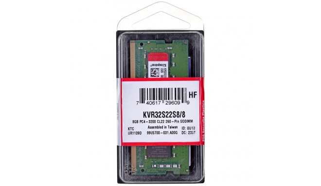 Kingston Technology ValueRAM KVR32S22S8/8 mälumoodul 8 GB 1 x 8 GB DDR4 3200 MHz