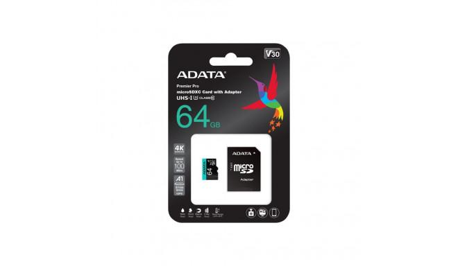 ADATA | Premier Pro UHS-I U3 V30S | 64 GB | MicroSDXC | Flash memory class 10 | Adapter