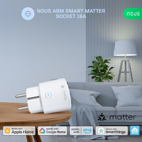 Išmanioji rozetė Wi-Fi MATTER, 230Vac 16A, su energijos matavimu, TUYA / Smart Life, Google Home, Ap