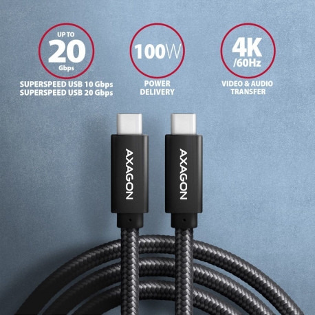 Axagon BUCM32-CM20AB USB 2.0 andme- ja laadimiskaabel USB Type-C to USB Type-C
