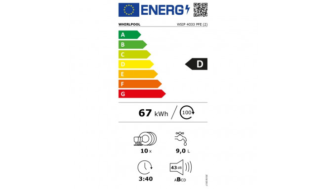 Whirlpool Nõudepesumasin | WSIP 4O33 PFE | Integreeritav | Laius 44,8 cm | Kohtade arv 10 | Programm