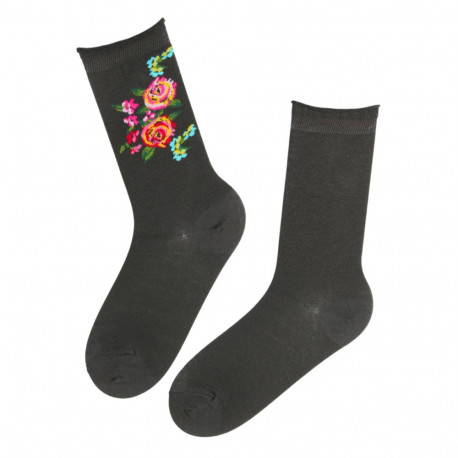 SOKISAHTEL FLOWER tumehallid lillelised puuvillased sokid 444