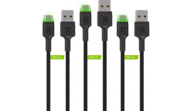 Green Cell USB Male - USB Type-C Male x 3 1.2m LED Backlight