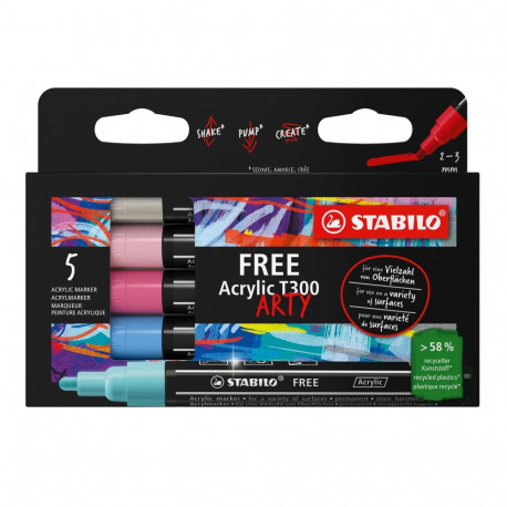 Marker permanent STABILO FREE Acrylic T300 Candy set, 2-3mm, 5 pastellvärvi
