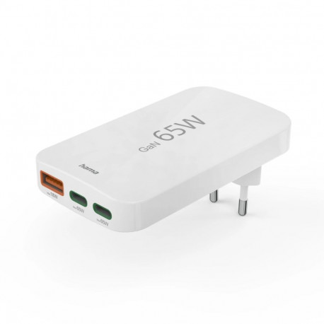 USB-laadija seinapesasse Hama Flat Mini GaN 65W, 2xUSB-C Power Delivery (PD) + USB-A Qualcomm QuickC