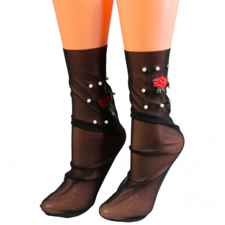 SOKISAHTEL VALERIA rooside ja pärlitega musta värvi õhukesed sokid 444