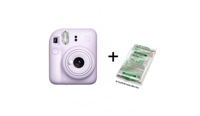 Instant Camera Fujifilm Instax Mini 12 (Lavender Purple) + 10 Fujifilm Instax Mini Film (Glossy) (Co