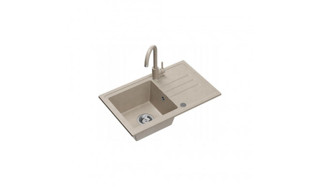 BEN 111 sink, granite sink, river sand, 70x44, with a beige tap, fixed spout, steel siphon and cap