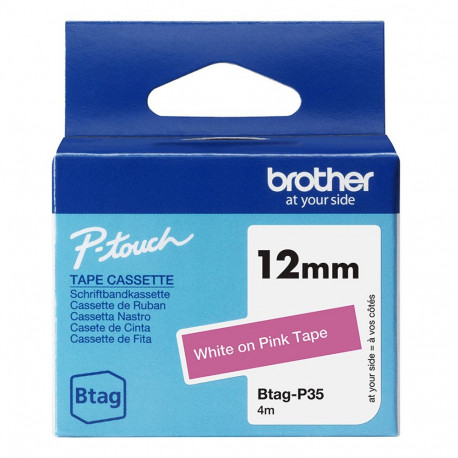 Kleepkirjalint Brother BTAG-P35 roosa, valge tekst, laius 12mm mudelitele PT-N10, N20, N25