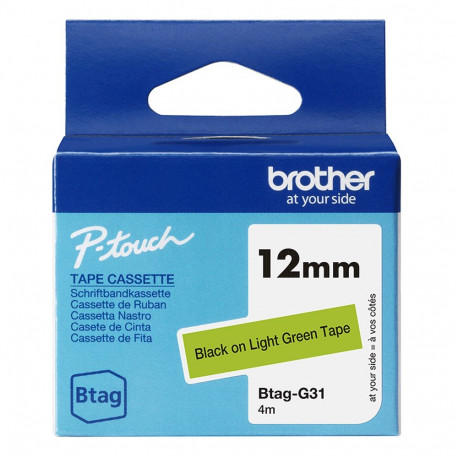 Kleepkirjalint Brother BTAG-G31 heleroheline, must tekst, laius 12mm mudelitele PT-N10, N20, N25