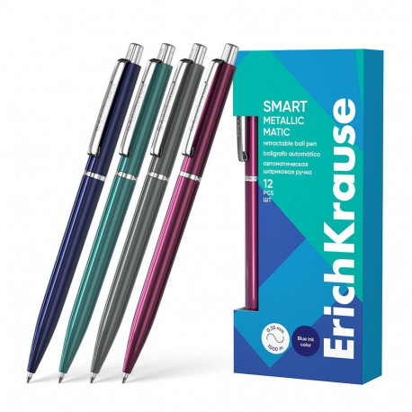 Retractable ballpoint pen ErichKrause Smart Matic Metallic, ink color: blue (box 12 pcs.)