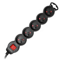 Przedłużacz 5-krotny 2P+Z, z wyłącznikiem, 5m H05VV-F 3x1,5mm2, Imax=16A, płaska wtyczka, czarny Przedłużacz 5-krotny 2P+Z, z wyłącznikiem, 5m H05VV-F 3x1,5mm2, Imax=16A, płaska wtyczka, czarny