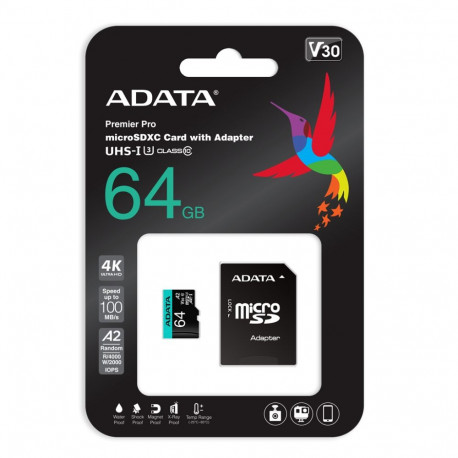 ADATA 64GB Premier Pro MICROSDXC R/W up to 100/80 MB/s with Adapter