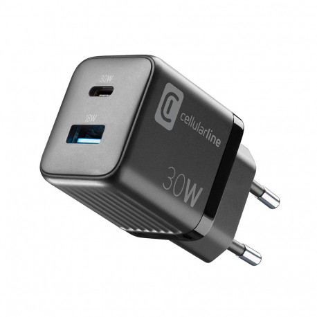 Cellularline Multipower Micro GaN - Ładowarka sieciowa USB-C & USB-A Power Delivery 30W (czarny)
