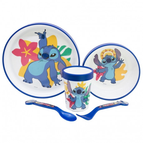 Disney Stitch - Antypoślizgowy zestaw naczyń do mikrofali 5 szt. (talerz, miska, kubeczek, widelec, 