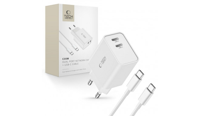 TECH-PROTECT C35W 2-PORT NETWORK CHARGER PD 35W + TYPE-C CABLE WHITE