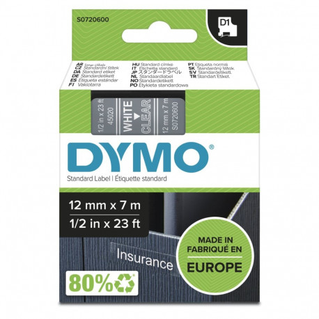 Dymo D1 -teippi 12 mm x 7 m, valkoinen läpinäkyvällä pohjalla