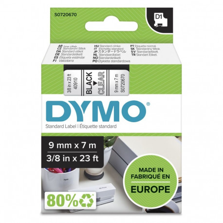 Dymo D1 teip 9 mm x 7 m, must läbipaistval alusel