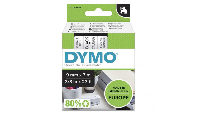 Dymo D1 teip 9 mm x 7 m, must läbipaistval taustal