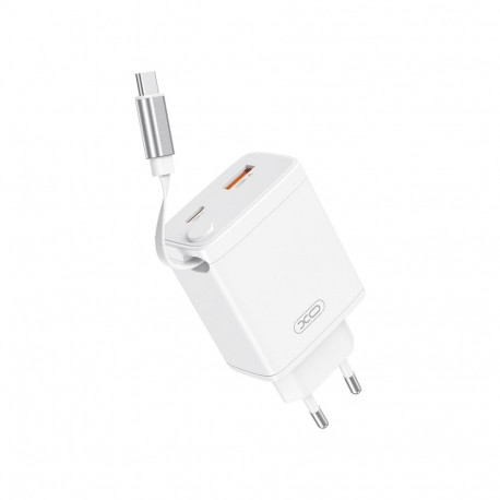 XO wall charger CE31 1x USB 1x USB-C 30W white with retractable USB-C cable