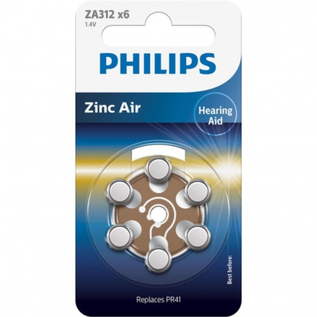 1x6 Philips Zinc-Air PR41 / 312 Hörgeräte Batterie
