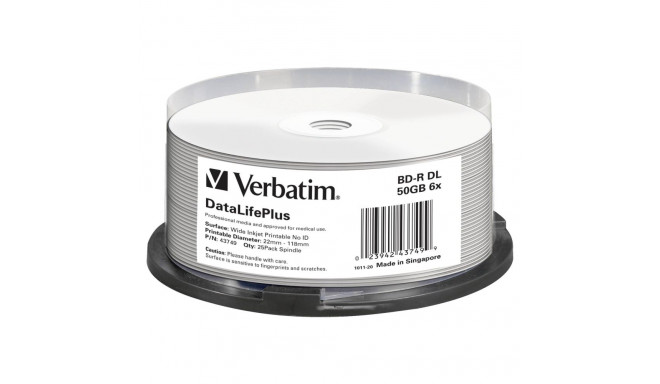1x25 Verbatim BD-R Blu-Ray 50GB 6x Speed printable Cakebox