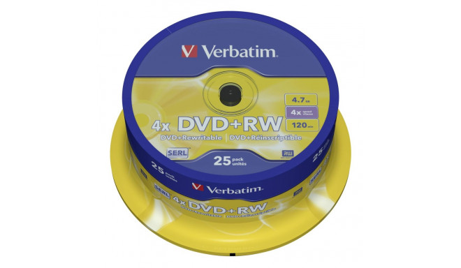 1x25 Verbatim DVD+RW 4,7GB 4x kiirus, matt hõbedane
