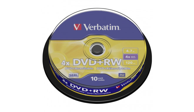 1x10 Verbatim DVD+RW 4,7GB 4x kiirus, matt hõbedane Cakebox