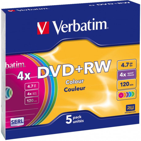 1x5 Verbatim DVD+RW 4,7GB 4x kiirus värviline pind slimcase