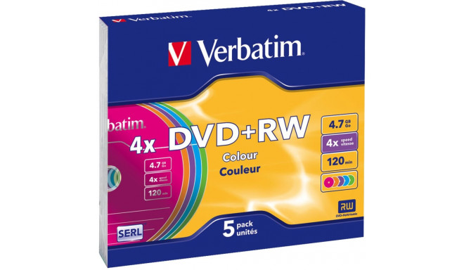 1x5 Verbatim DVD+RW 4,7GB 4x kiirus värviline pind slimcase