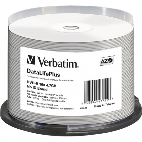 1x50 Verbatim DVD-R 4,7GB 16x white wide thermal print. NO-ID