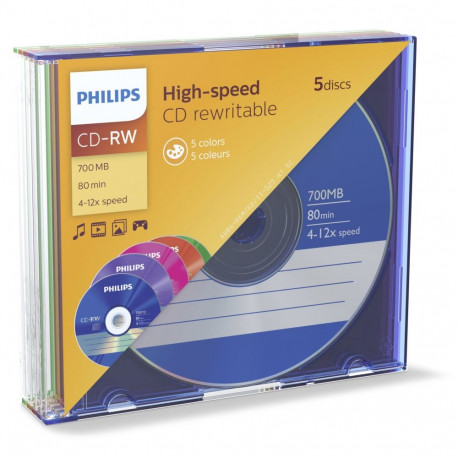 1x5 Philips CD-RW 80min 700MB 4-12x SL värviline