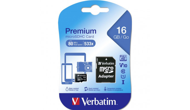 Verbatim microSDHC 16GB Class 10 UHS-I koos adapteriga 44082