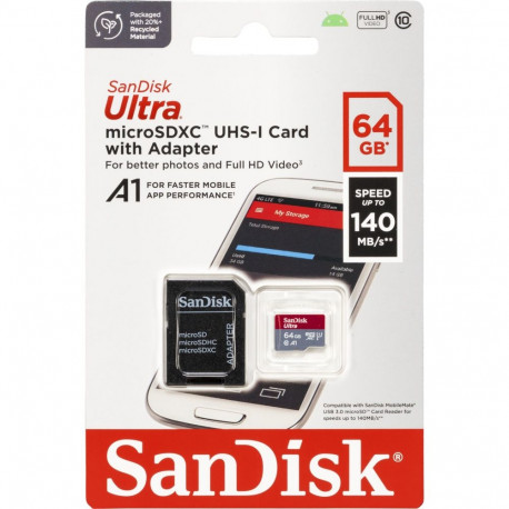 SanDisk Ultra microSDXC A1 64GB 140MB/s adapteriga SDSQUAB-064G-GN6MA