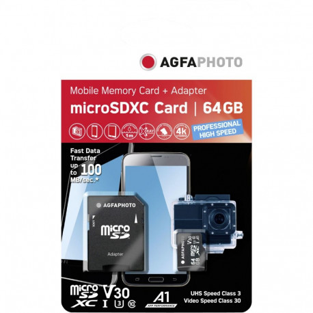 AgfaPhoto MicroSDXC UHS-I 64GB suure kiirusega C10 U3 V30 + adapter