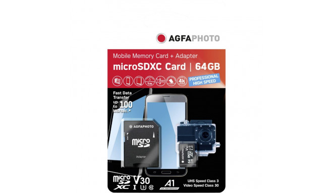 AgfaPhoto MicroSDXC UHS-I 64GB suure kiirusega C10 U3 V30 + adapter
