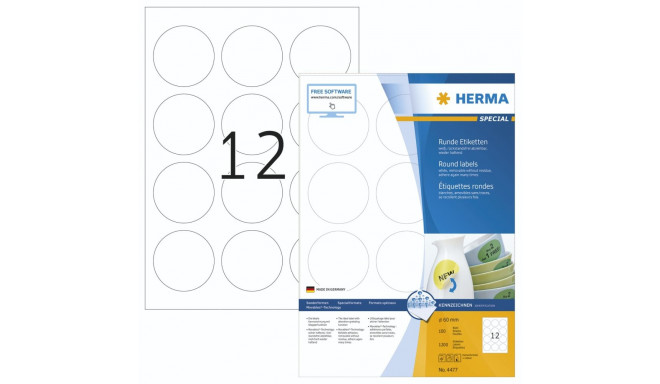 Herma Removable Round Labels  60 100 Sheet DIN A4 1200 pcs. 4477