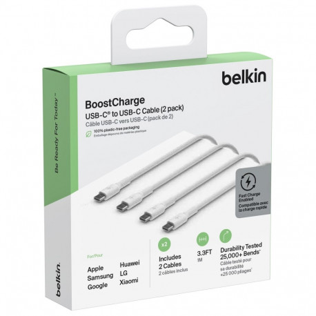 1x2 Belkin USB-C/USB-C 2.0 PVC 1m, 2Pack valge CAB003bt1MWH2PK