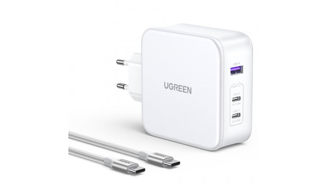 UGREEN Nexode USB-A+2*USB-C 140W GaN kiirlaadija+USB-C kaabel valge