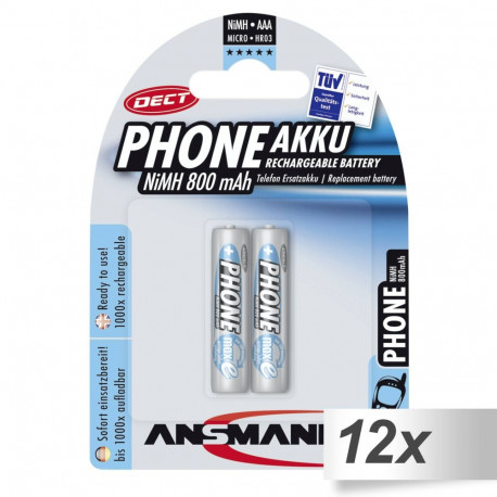 12x2 Ansmann maxE NiMH patarei Micro AAA 800 mAh DECT telefon