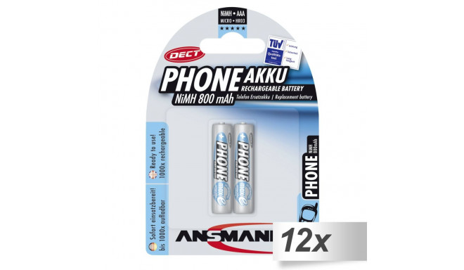 12x2 Ansmann maxE NiMH patarei Micro AAA 800 mAh DECT telefon